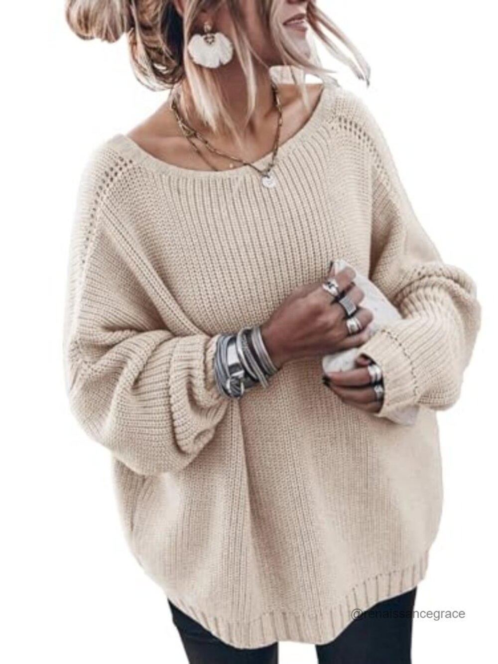 Oversized Cotton Knit Sweater Long Sleeve Crew Neck Pullover
